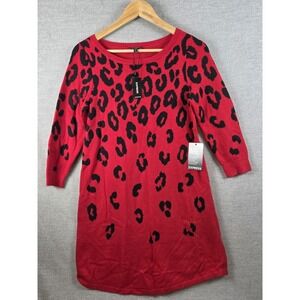 Express Sweater Mini Dress S Red Black Animal Print Long Sleeve Vamp Boho NEW